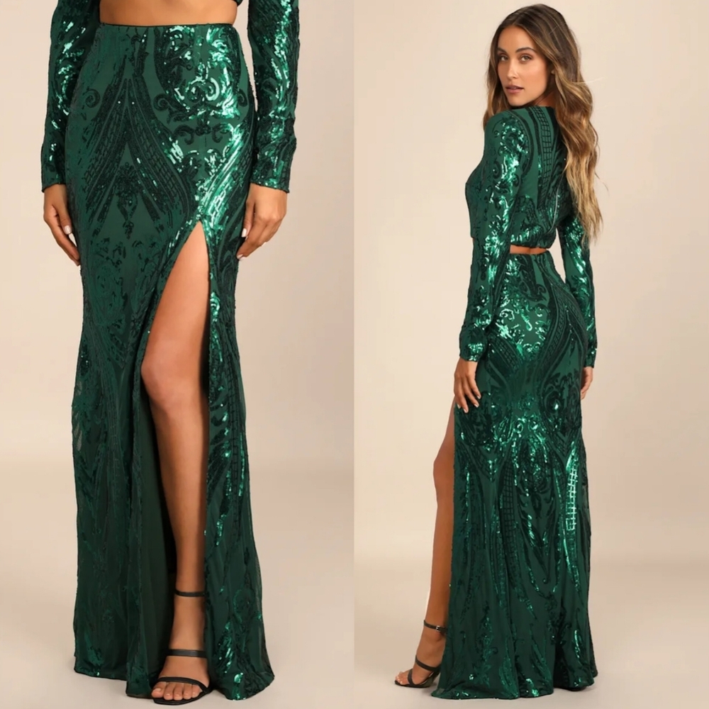 Lulus Luxe Aesthetic Green Sequin Maxi M *SKIRT ONLY* Wedding Party Prom Elegant